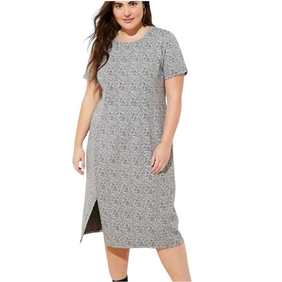 LOFT Midi Dress Snow Leopard Knit Jacquard Short Sleeves Front Side Slit - Picture 2 of 16